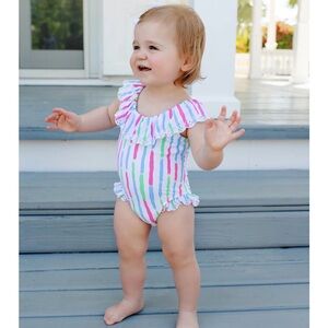 The Beaufort Bonnet Co Sandy Lane Swimsuit in White Sand Watercolor - Size 3T